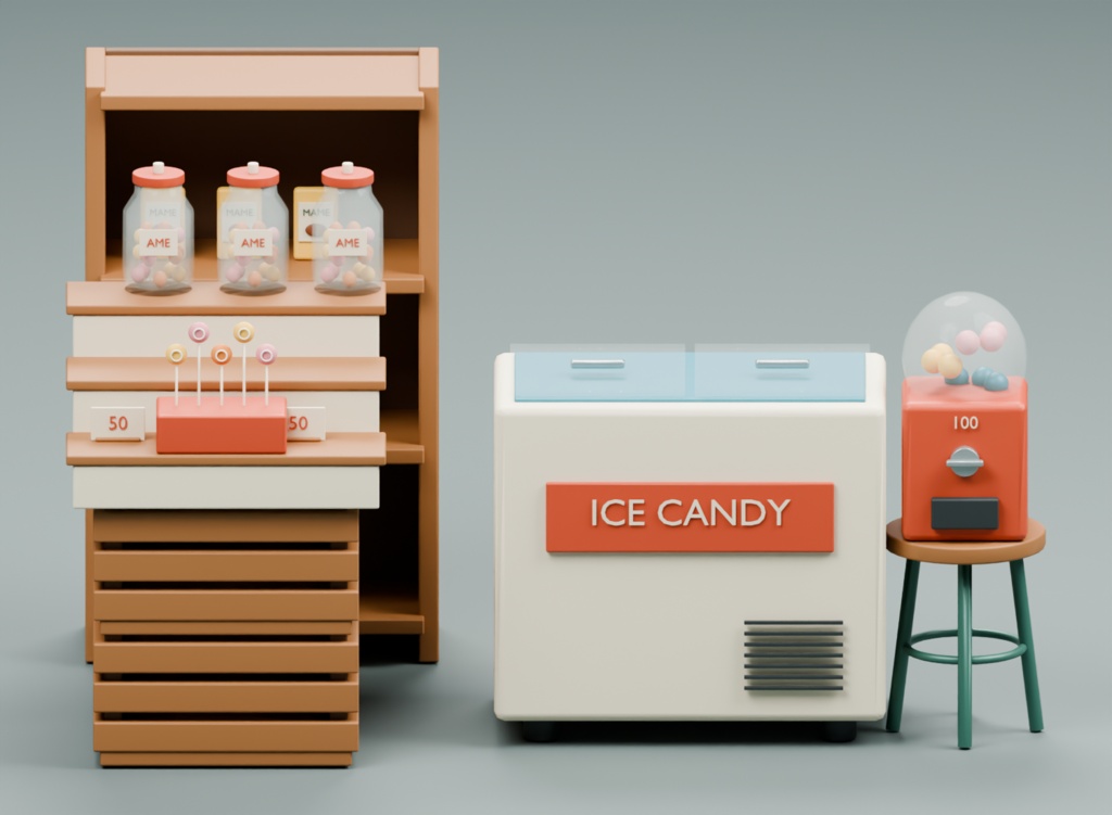 駄菓子屋の店頭陳列|3D素材12部品|FBX・GLB・Blender・Unity
