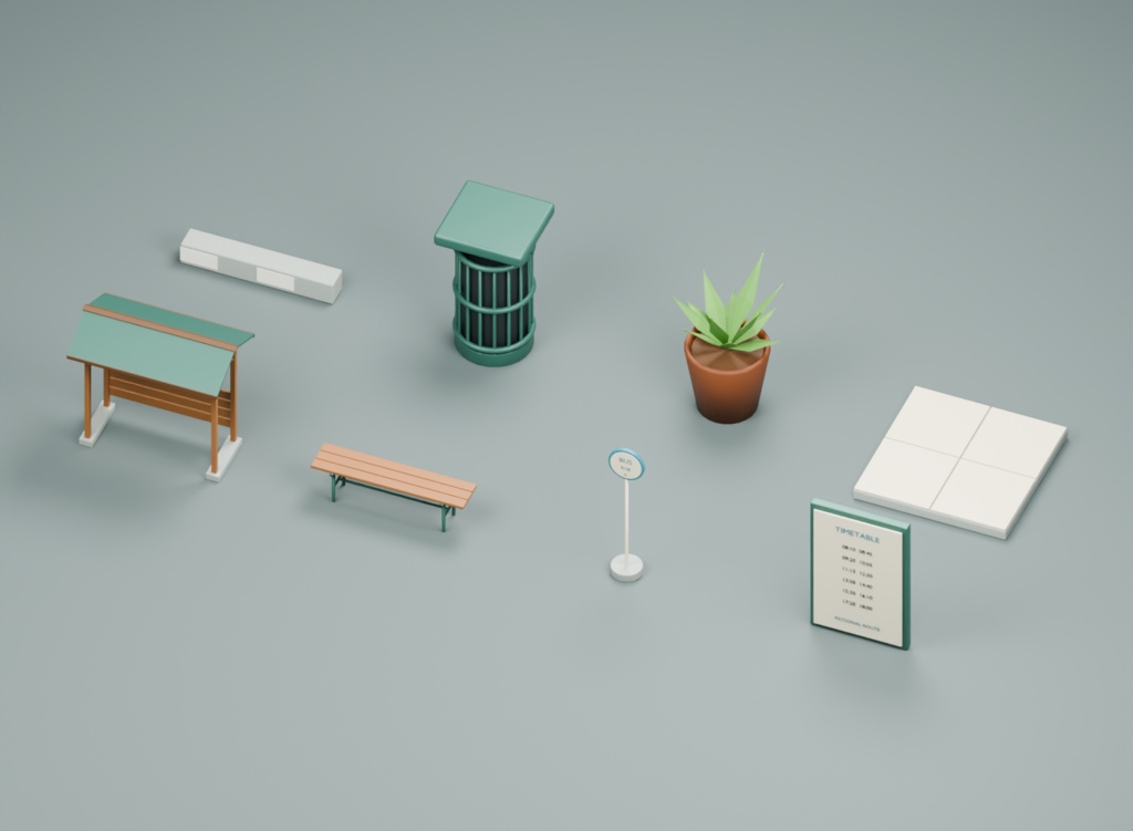 田舎の小さなバス待合所|3D素材8部品|FBX・GLB・Blender・Unity