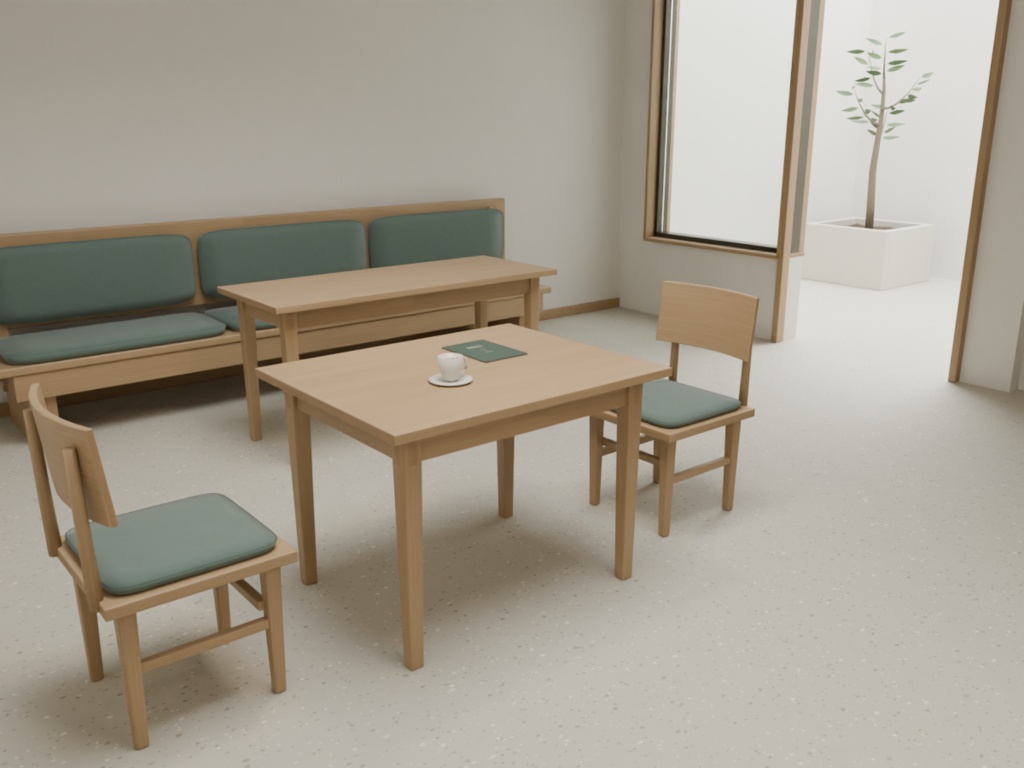 中庭のある小さなカフェ｜家具あり・空室 3D背景素材