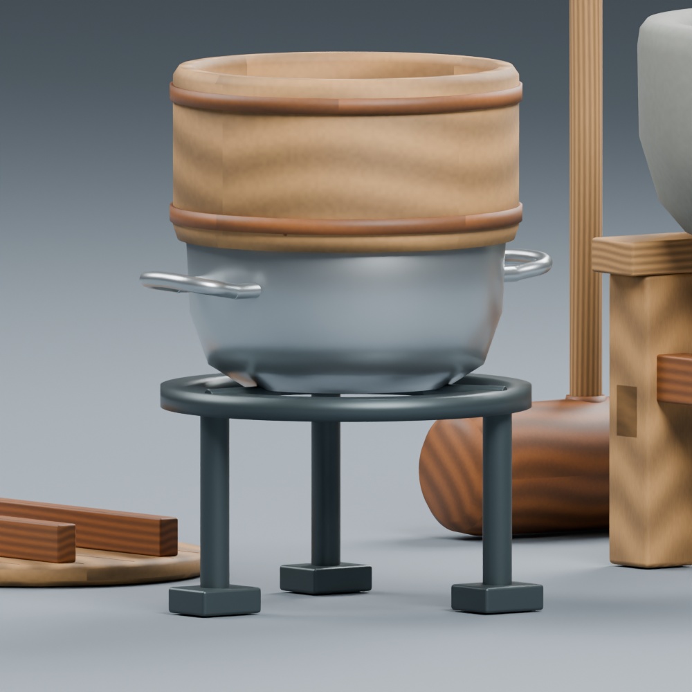 餅つきの臼・杵・蒸し台|静止3D素材|Blender・FBX・GLB