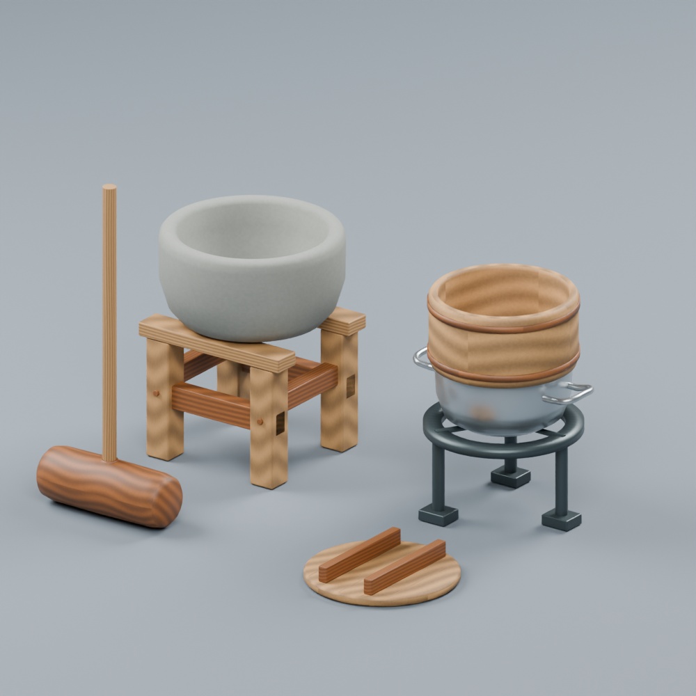 餅つきの臼・杵・蒸し台｜静止3D素材｜Blender・FBX・GLB