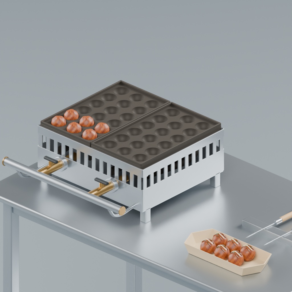 たこ焼き調理台と道具・舟皿セット|静止3D素材|Blender・FBX・GLB