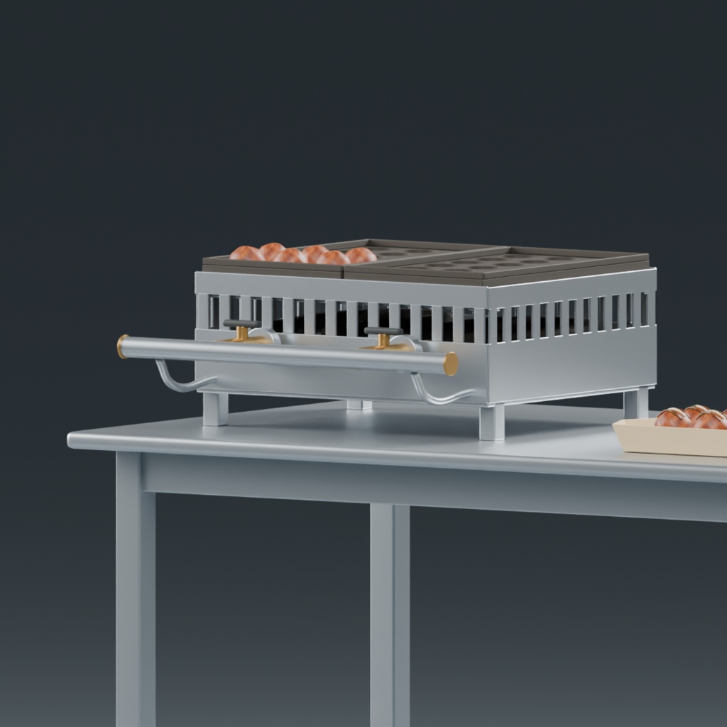 たこ焼き調理台と道具・舟皿セット|静止3D素材|Blender・FBX・GLB