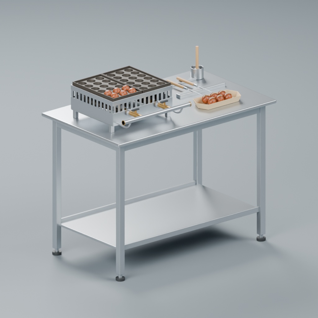 たこ焼き調理台と道具・舟皿セット|静止3D素材|Blender・FBX・GLB