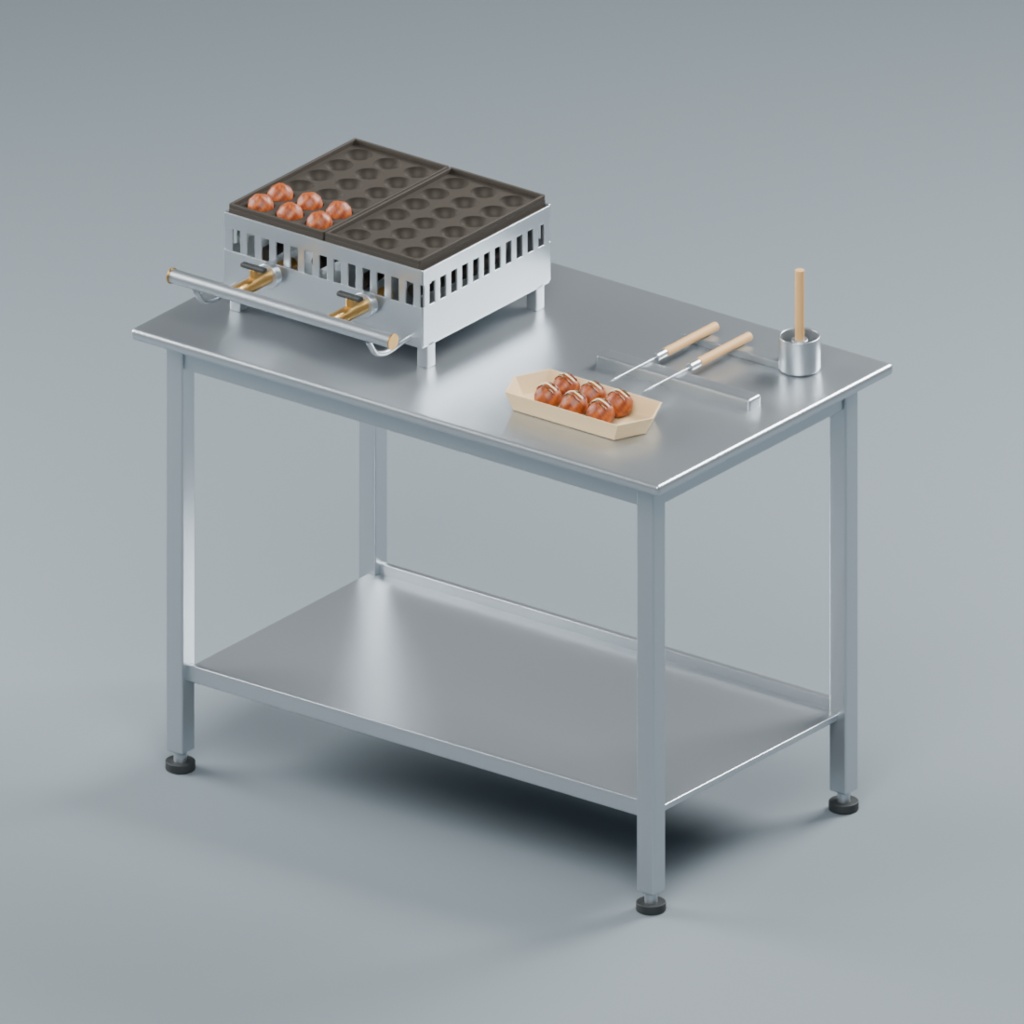 たこ焼き調理台と道具・舟皿セット|静止3D素材|Blender・FBX・GLB
