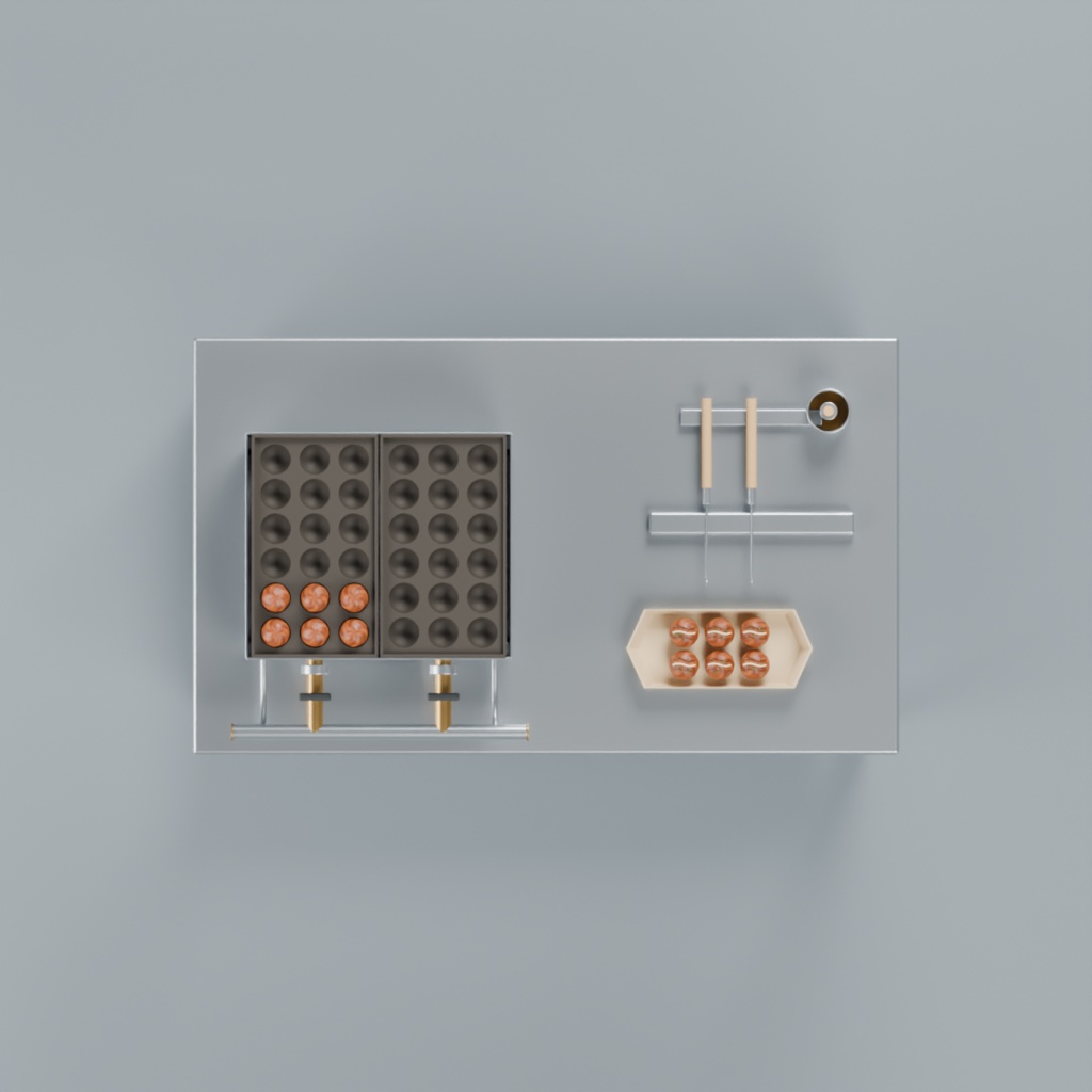 たこ焼き調理台と道具・舟皿セット|静止3D素材|Blender・FBX・GLB