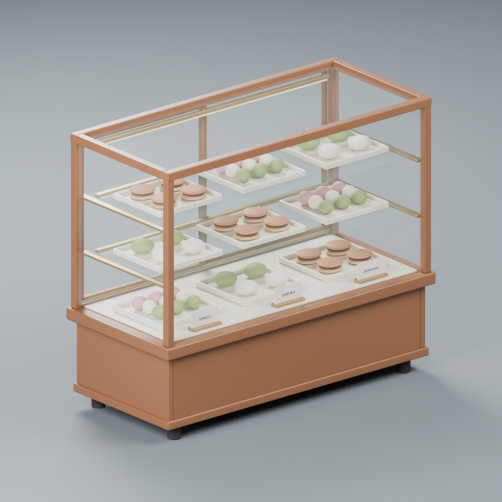 和菓子店の対面ショーケースと和菓子セット|静止3D素材|Blender・FBX・GLB
