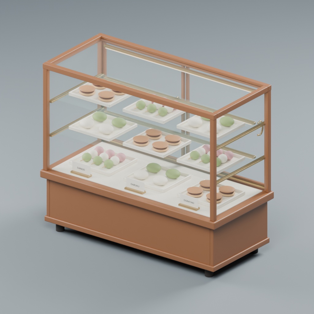 和菓子店の対面ショーケースと和菓子セット|静止3D素材|Blender・FBX・GLB