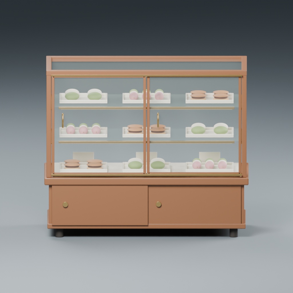 和菓子店の対面ショーケースと和菓子セット|静止3D素材|Blender・FBX・GLB