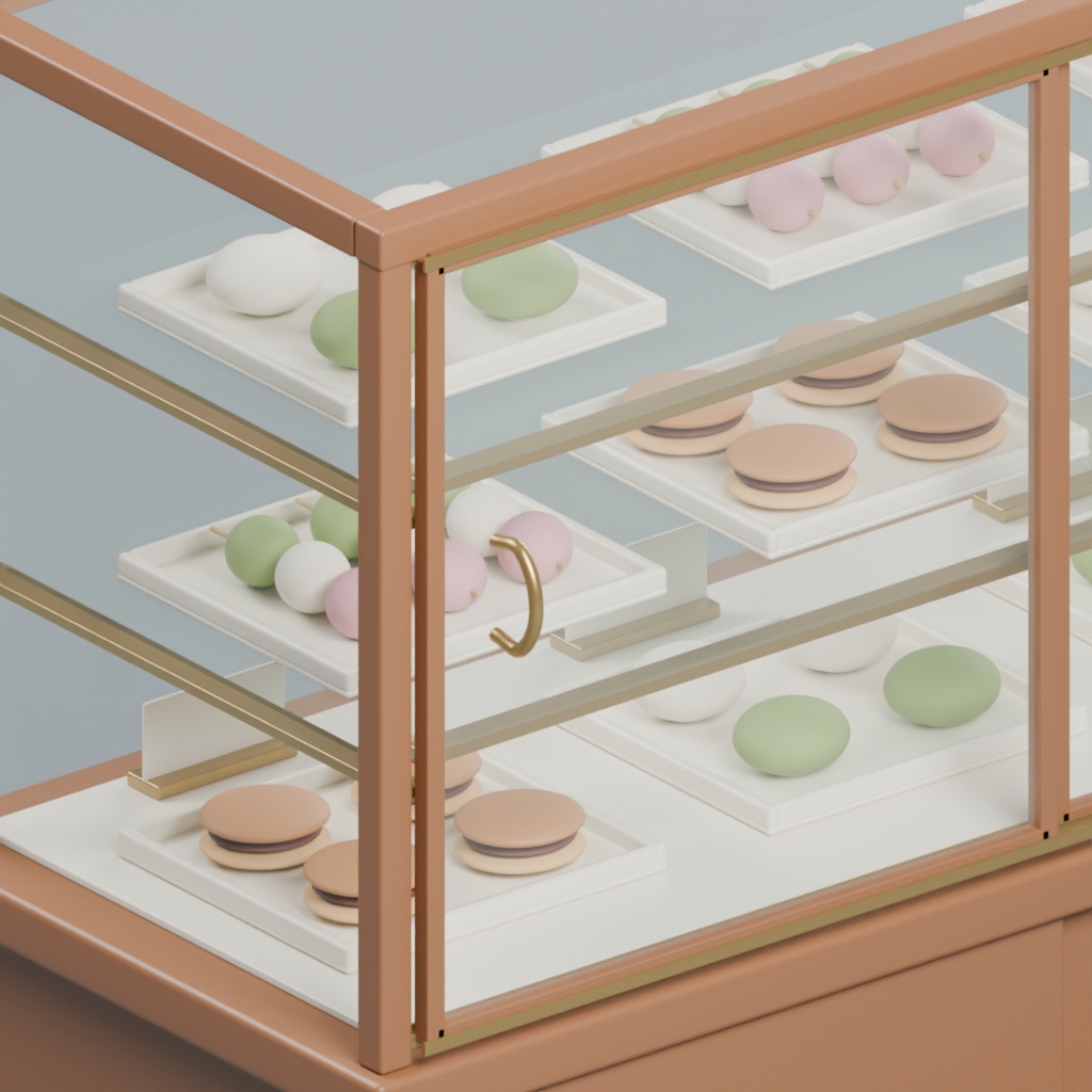 和菓子店の対面ショーケースと和菓子セット|静止3D素材|Blender・FBX・GLB