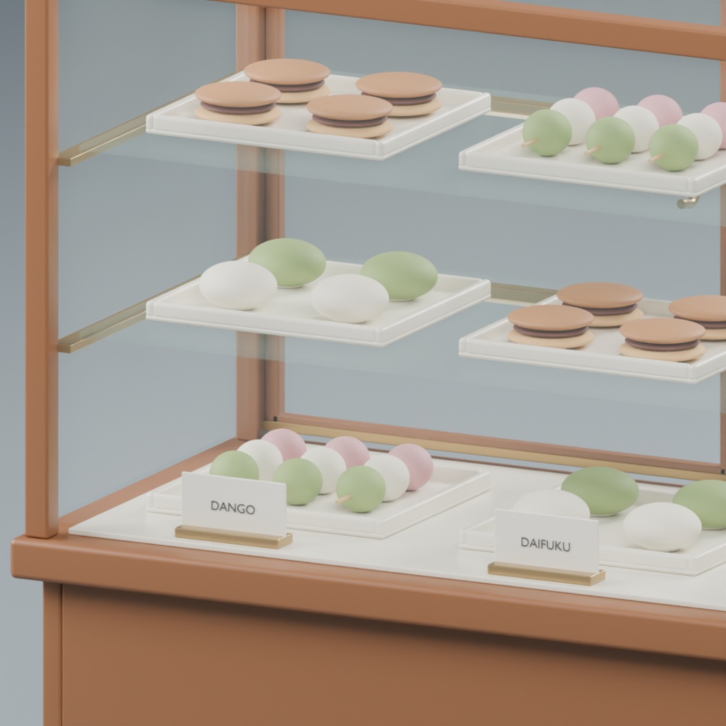 和菓子店の対面ショーケースと和菓子セット|静止3D素材|Blender・FBX・GLB