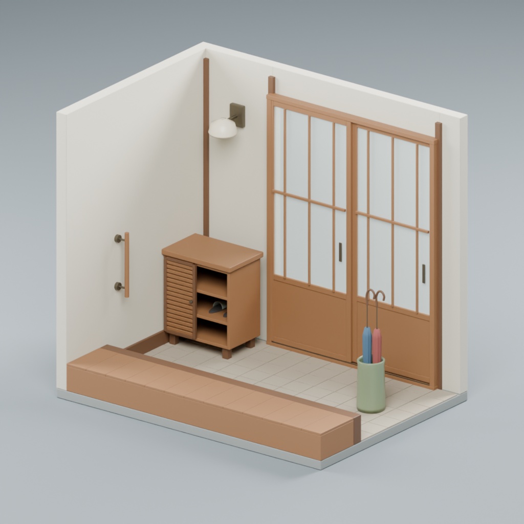 昭和の玄関土間と靴箱・傘立て小区画|静止3D素材|Blender・FBX・GLB