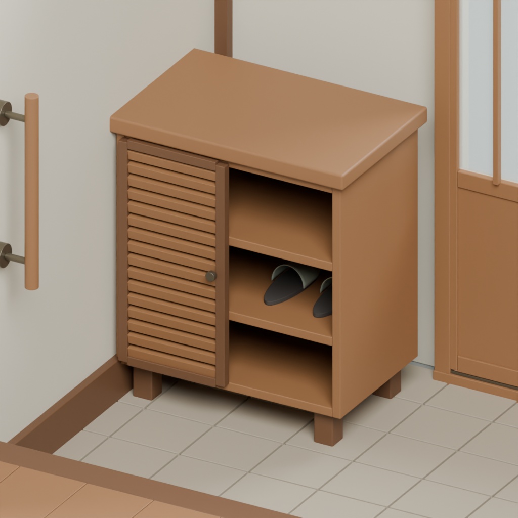 昭和の玄関土間と靴箱・傘立て小区画|静止3D素材|Blender・FBX・GLB