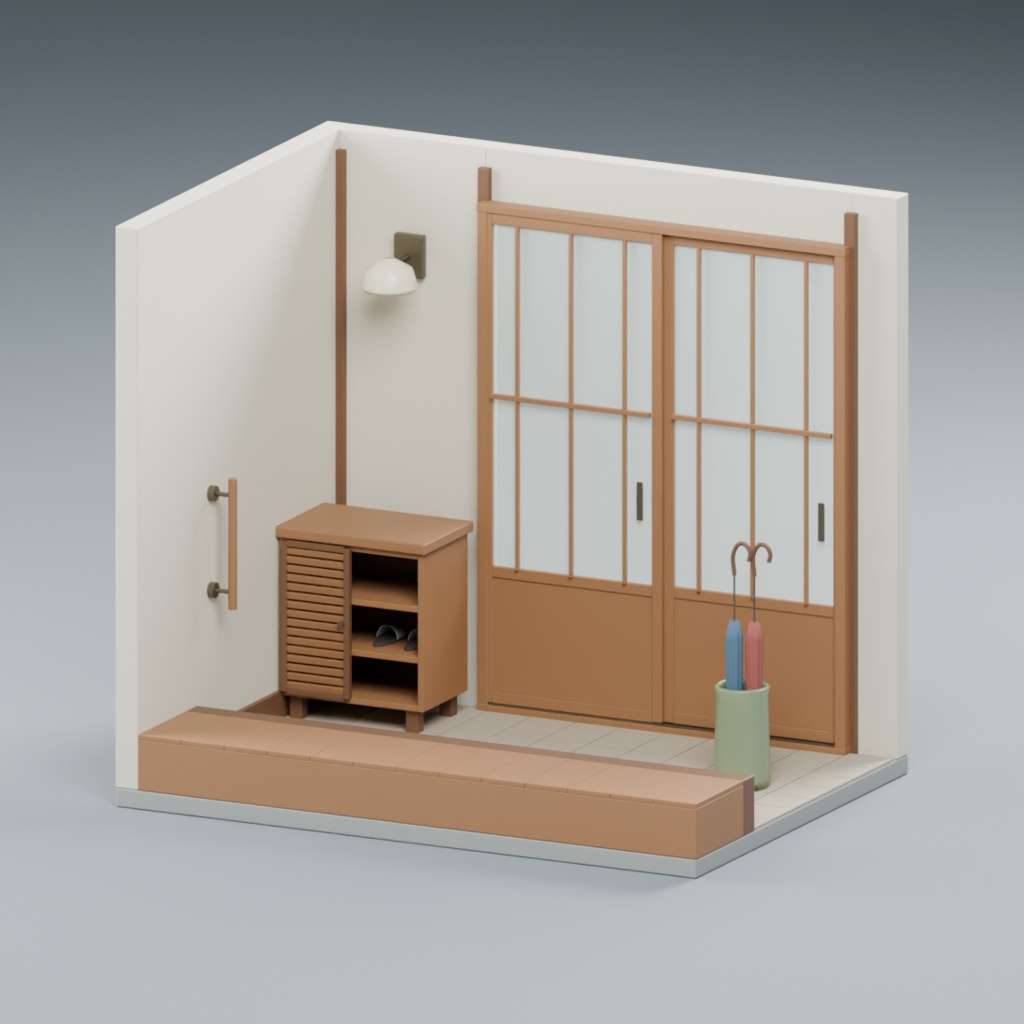 昭和の玄関土間と靴箱・傘立て小区画|静止3D素材|Blender・FBX・GLB