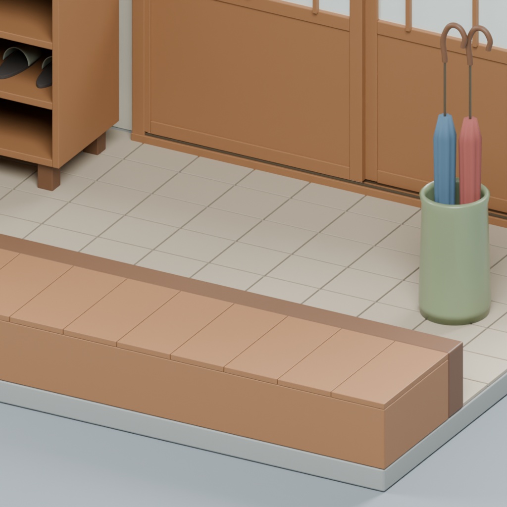 昭和の玄関土間と靴箱・傘立て小区画|静止3D素材|Blender・FBX・GLB