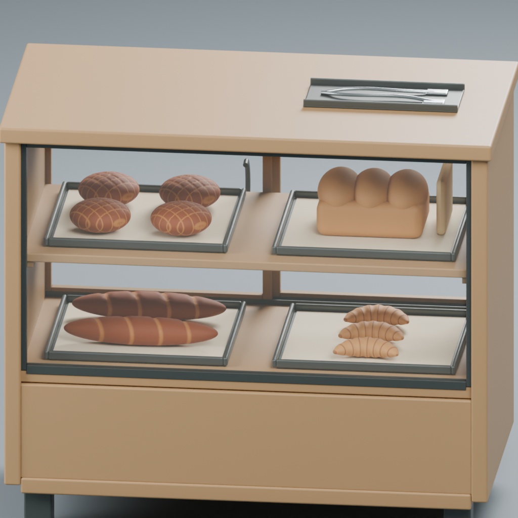 ベーカリーの対面陳列ケースとパン・トング|静止3D素材|Blender・FBX・GLB