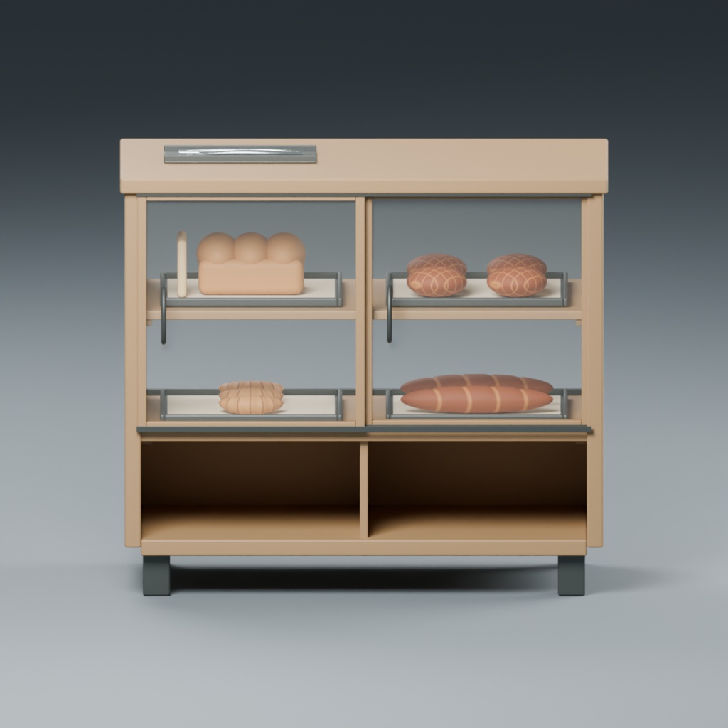 ベーカリーの対面陳列ケースとパン・トング|静止3D素材|Blender・FBX・GLB