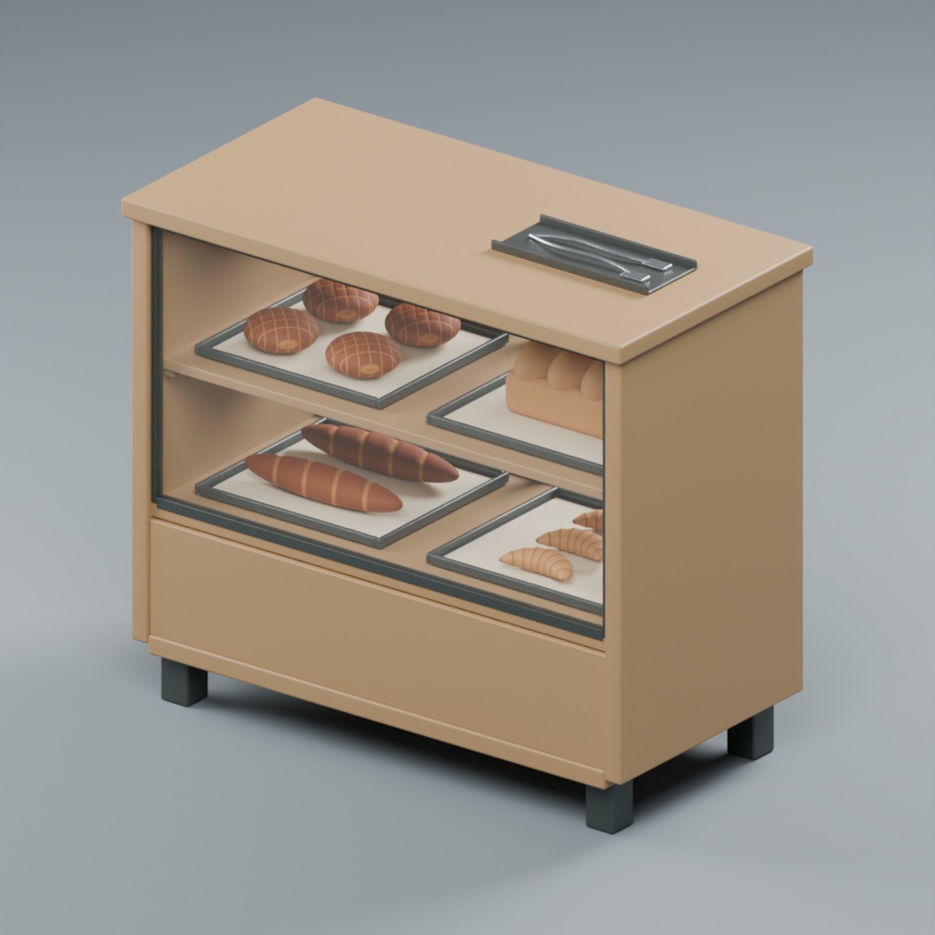 ベーカリーの対面陳列ケースとパン・トング|静止3D素材|Blender・FBX・GLB