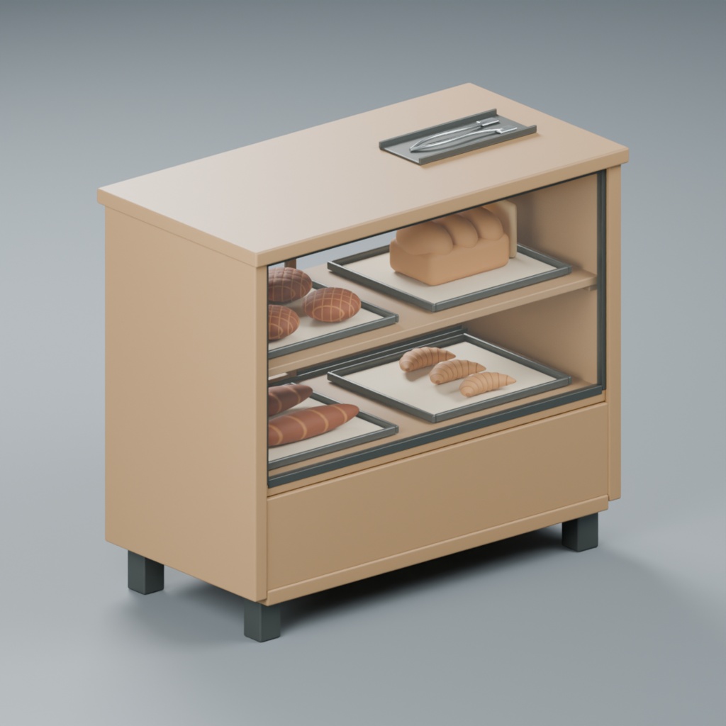 ベーカリーの対面陳列ケースとパン・トング|静止3D素材|Blender・FBX・GLB