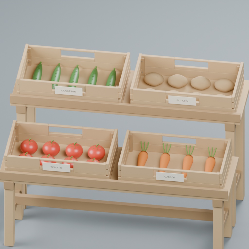 青果店の段陳列台と木箱・野菜セット|静止3D素材|Blender・FBX・GLB