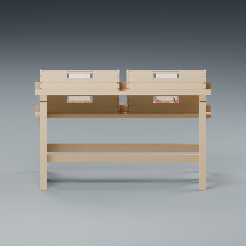 青果店の段陳列台と木箱・野菜セット|静止3D素材|Blender・FBX・GLB