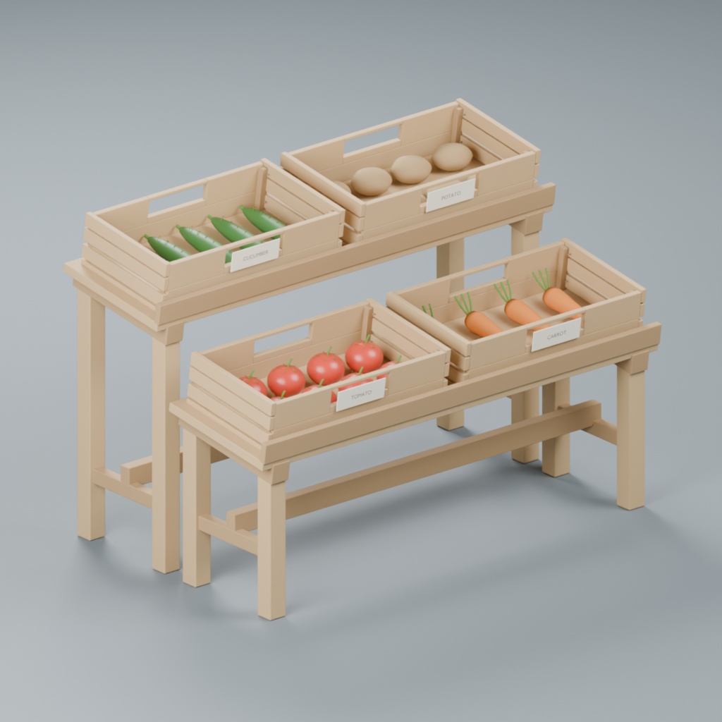 青果店の段陳列台と木箱・野菜セット|静止3D素材|Blender・FBX・GLB
