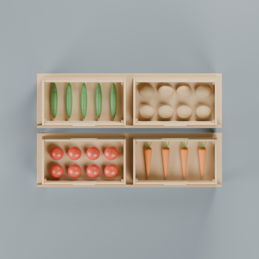青果店の段陳列台と木箱・野菜セット|静止3D素材|Blender・FBX・GLB