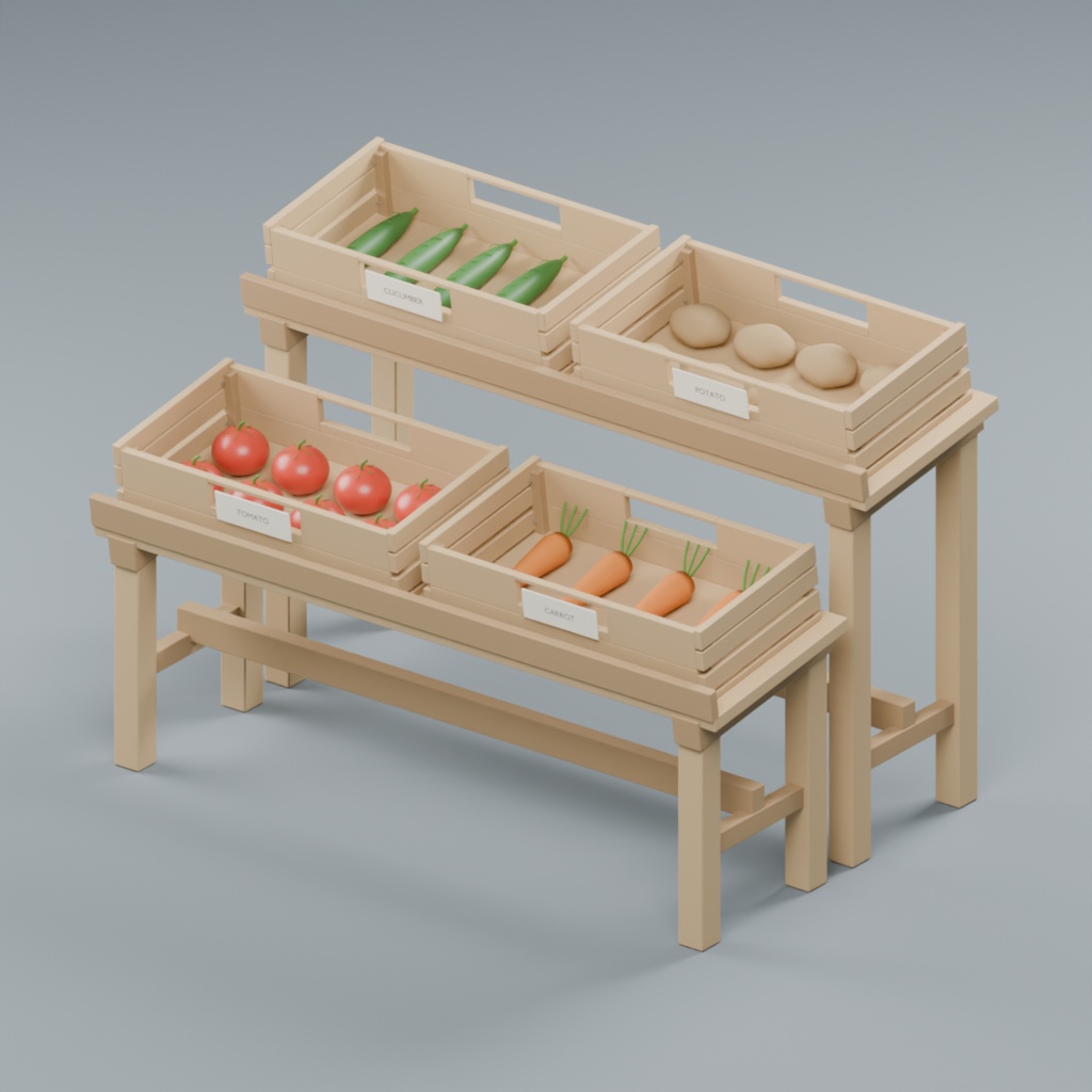 青果店の段陳列台と木箱・野菜セット|静止3D素材|Blender・FBX・GLB