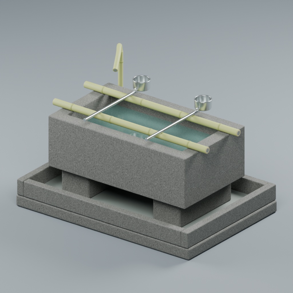 神社の手水鉢と柄杓・竹支え|静止3D素材|Blender・FBX・GLB