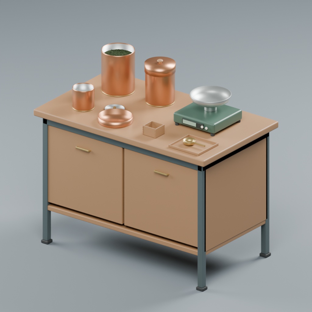 茶舗の量り売り台と茶缶・計量道具｜静止3D素材｜Blender・FBX・GLB