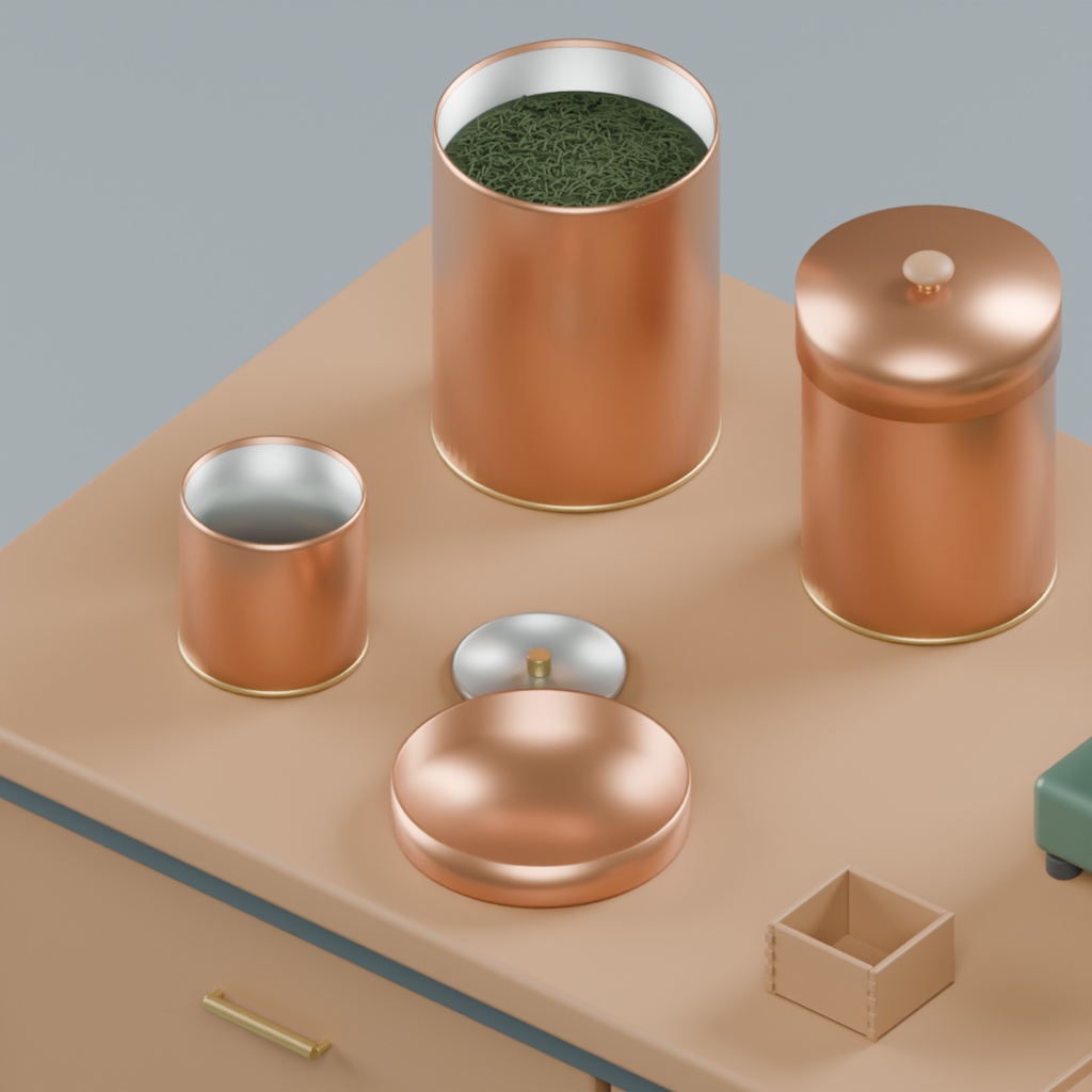 茶舗の量り売り台と茶缶・計量道具|静止3D素材|Blender・FBX・GLB