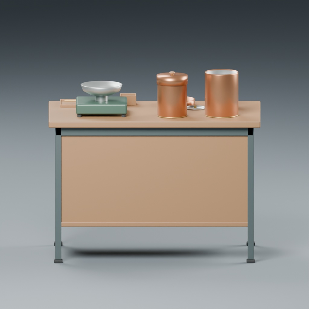 茶舗の量り売り台と茶缶・計量道具|静止3D素材|Blender・FBX・GLB
