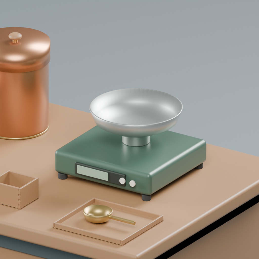 茶舗の量り売り台と茶缶・計量道具|静止3D素材|Blender・FBX・GLB