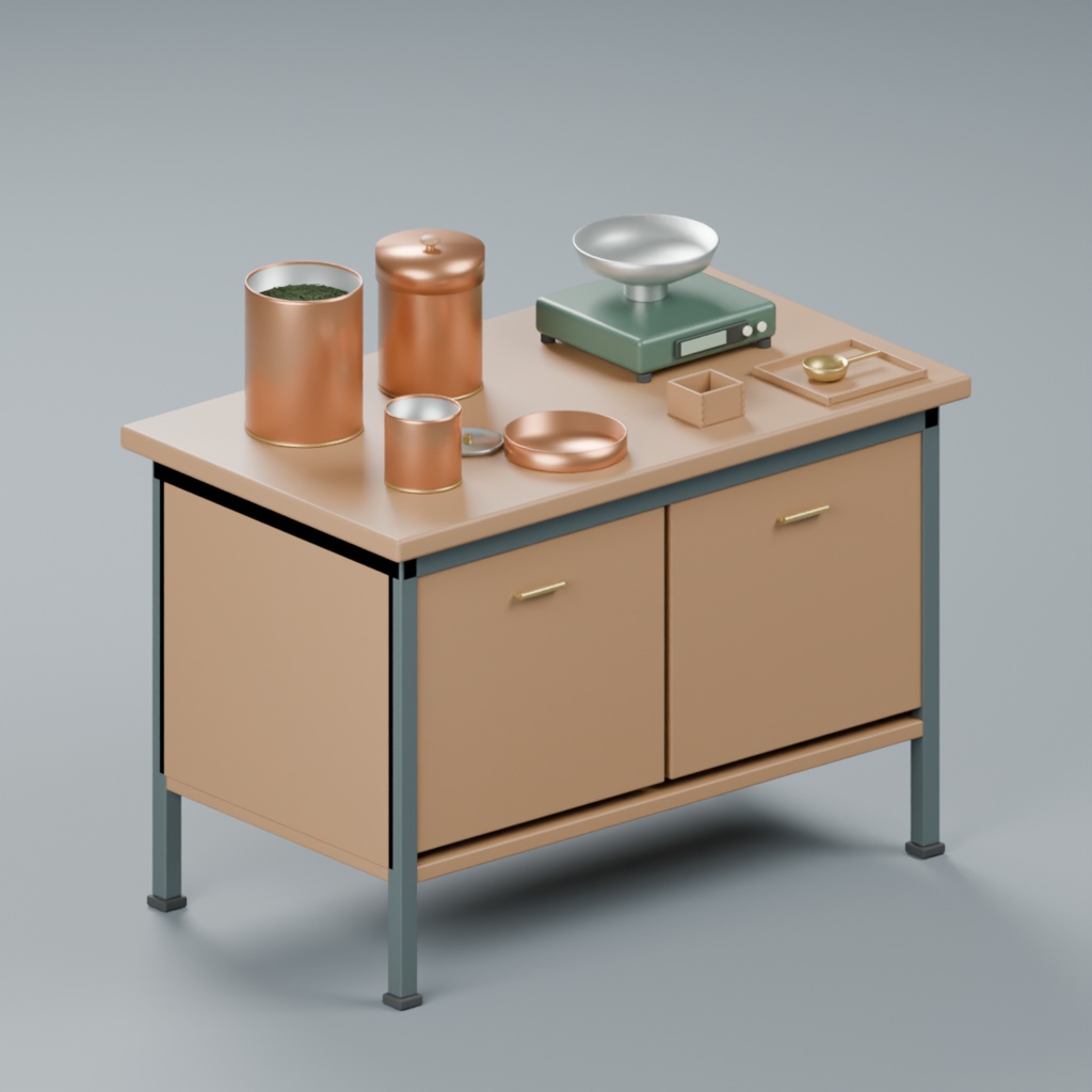 茶舗の量り売り台と茶缶・計量道具|静止3D素材|Blender・FBX・GLB