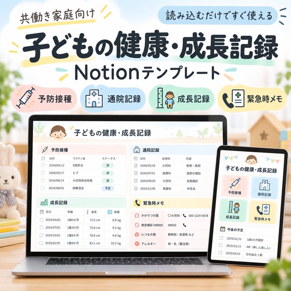 子どもの健康・成長記録 Notionテンプレート(予防接種+通院記録+成長記録+緊急時メモ)