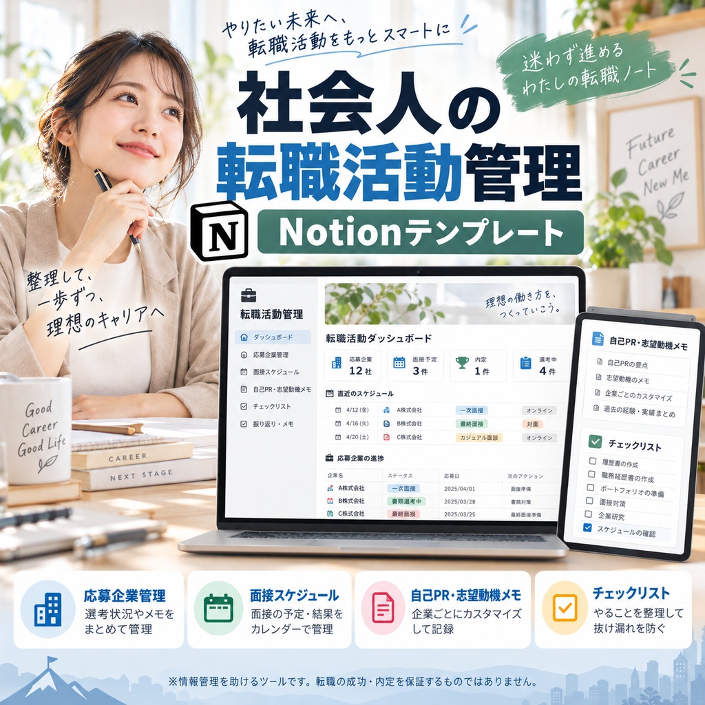 社会人の転職活動管理 Notionテンプレート(応募企業管理+面接スケジュール+自己PR・志望動機メモ+チェックリスト)