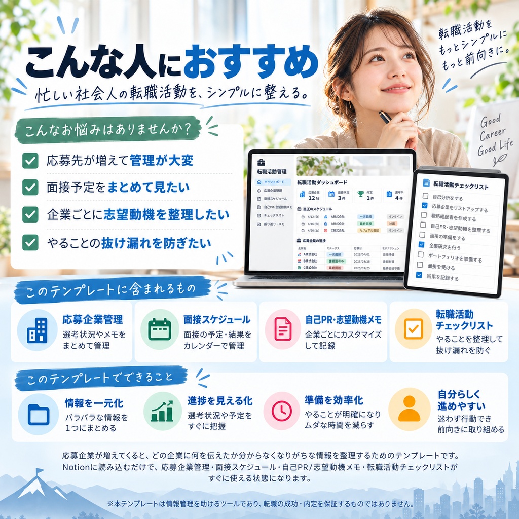 社会人の転職活動管理 Notionテンプレート(応募企業管理+面接スケジュール+自己PR・志望動機メモ+チェックリスト)