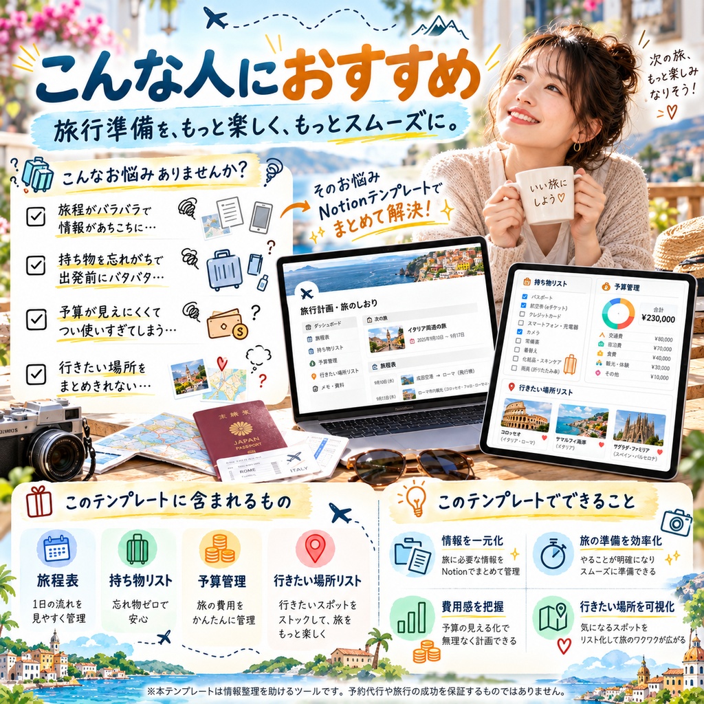 旅行計画・旅のしおり Notionテンプレート(旅程表+持ち物リスト+予算管理+行きたい場所リスト)
