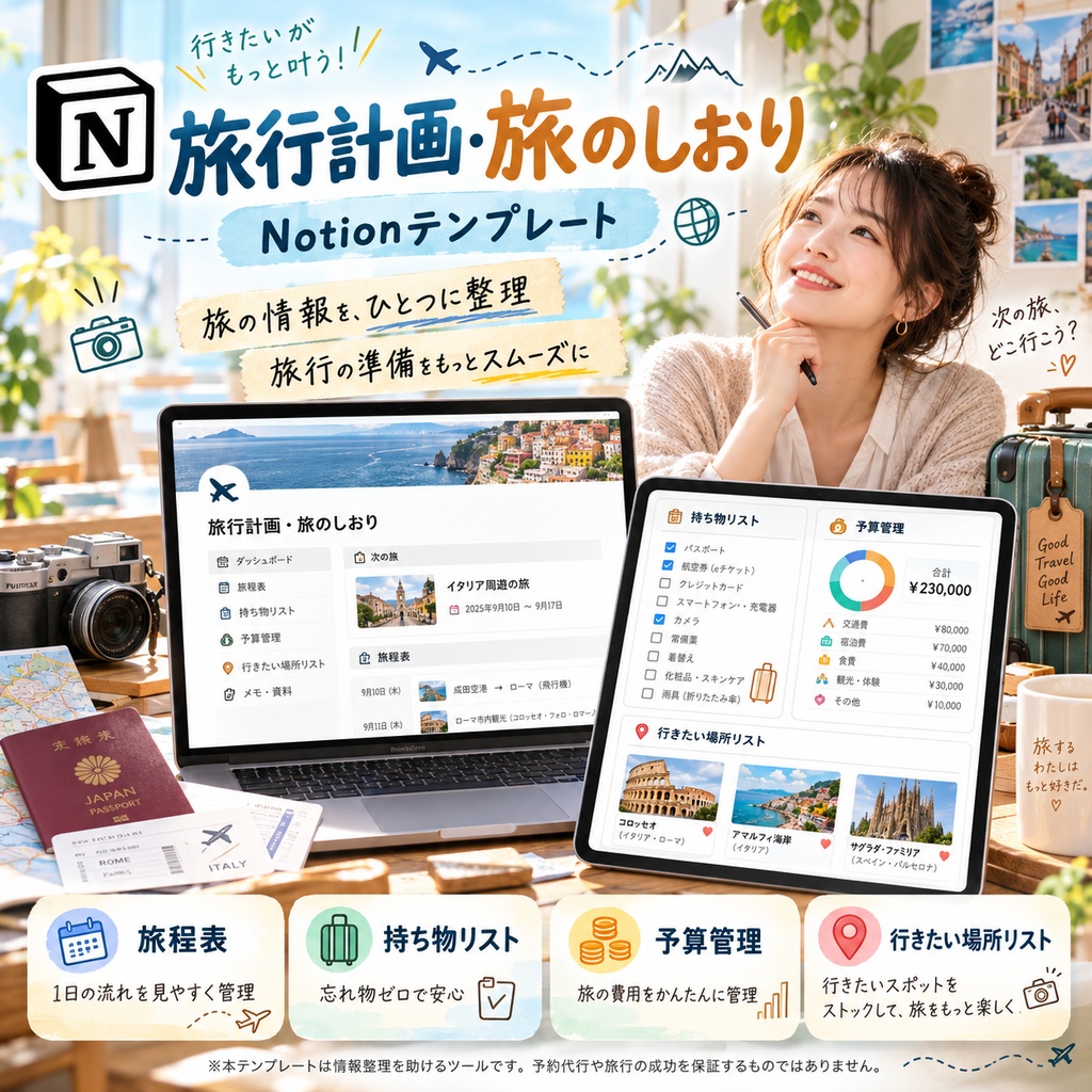 旅行計画・旅のしおり Notionテンプレート(旅程表+持ち物リスト+予算管理+行きたい場所リスト)