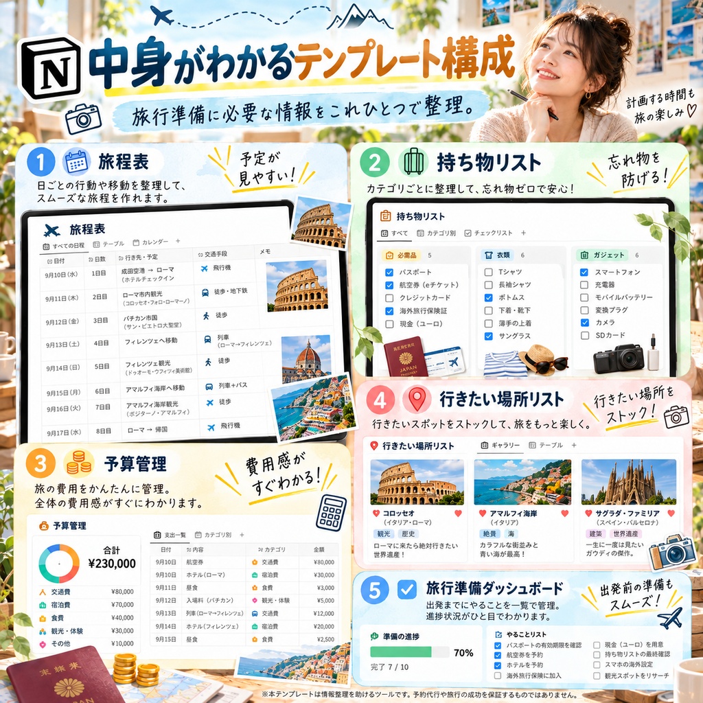 旅行計画・旅のしおり Notionテンプレート(旅程表+持ち物リスト+予算管理+行きたい場所リスト)