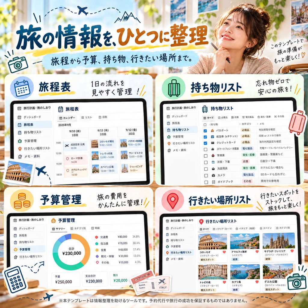 旅行計画・旅のしおり Notionテンプレート(旅程表+持ち物リスト+予算管理+行きたい場所リスト)