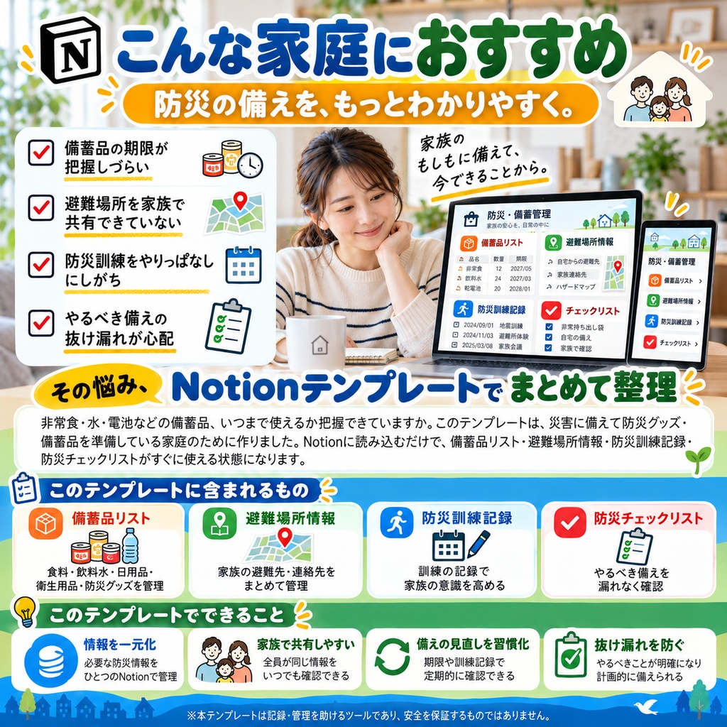 防災・備蓄管理 Notionテンプレート(備蓄品リスト+避難場所情報+防災訓練記録+チェックリスト)