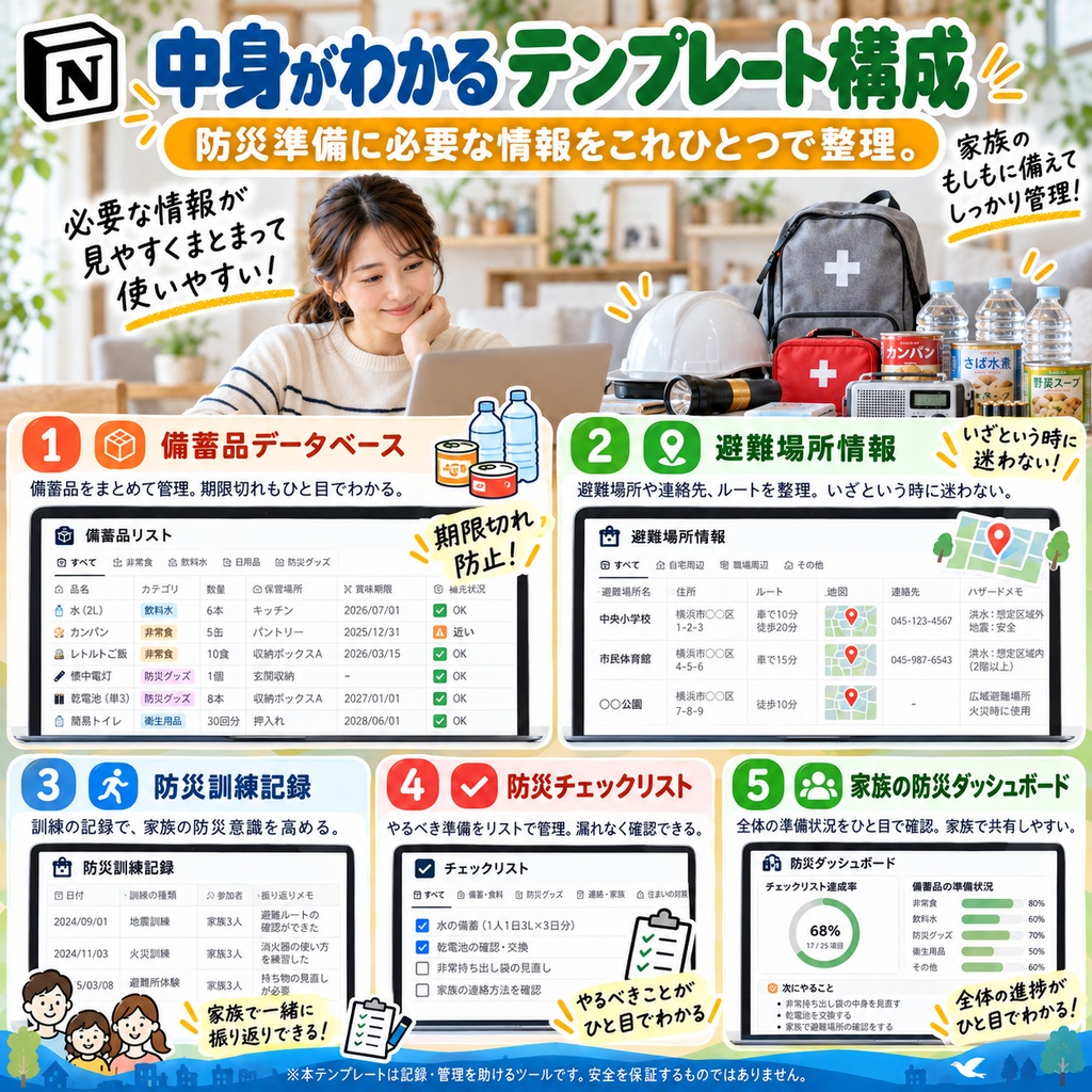 防災・備蓄管理 Notionテンプレート(備蓄品リスト+避難場所情報+防災訓練記録+チェックリスト)