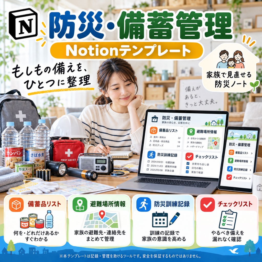 防災・備蓄管理 Notionテンプレート(備蓄品リスト+避難場所情報+防災訓練記録+チェックリスト)