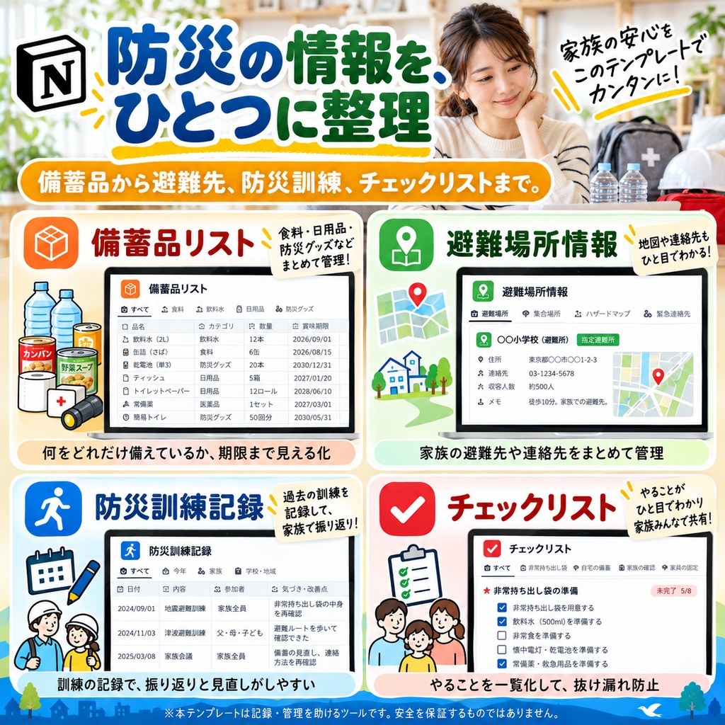 防災・備蓄管理 Notionテンプレート(備蓄品リスト+避難場所情報+防災訓練記録+チェックリスト)