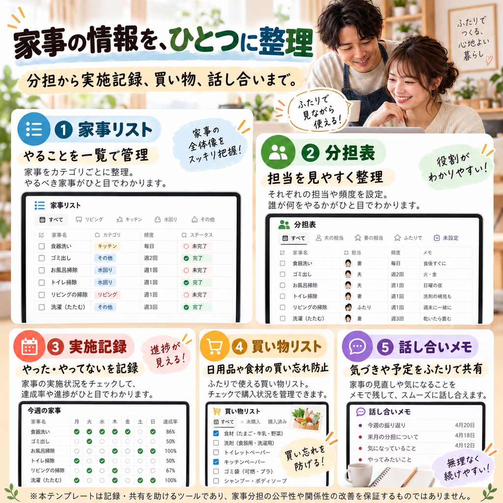 共働きカップル・夫婦向け 家事分担管理 Notionテンプレート(分担表+実施記録+買い物リスト+話し合いメモ)