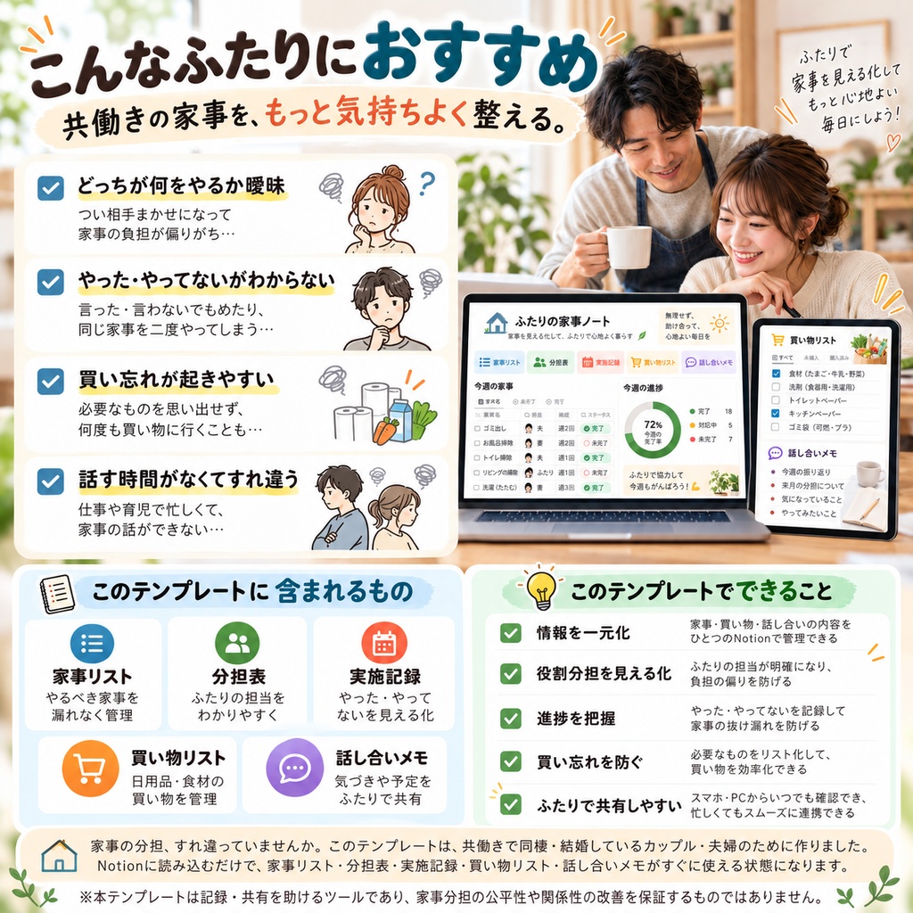 共働きカップル・夫婦向け 家事分担管理 Notionテンプレート(分担表+実施記録+買い物リスト+話し合いメモ)