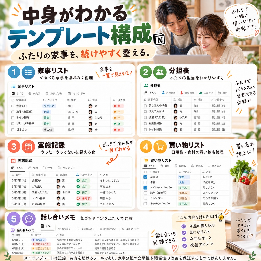 共働きカップル・夫婦向け 家事分担管理 Notionテンプレート(分担表+実施記録+買い物リスト+話し合いメモ)