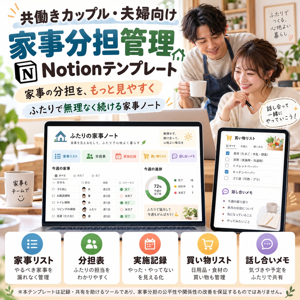 共働きカップル・夫婦向け 家事分担管理 Notionテンプレート(分担表+実施記録+買い物リスト+話し合いメモ)