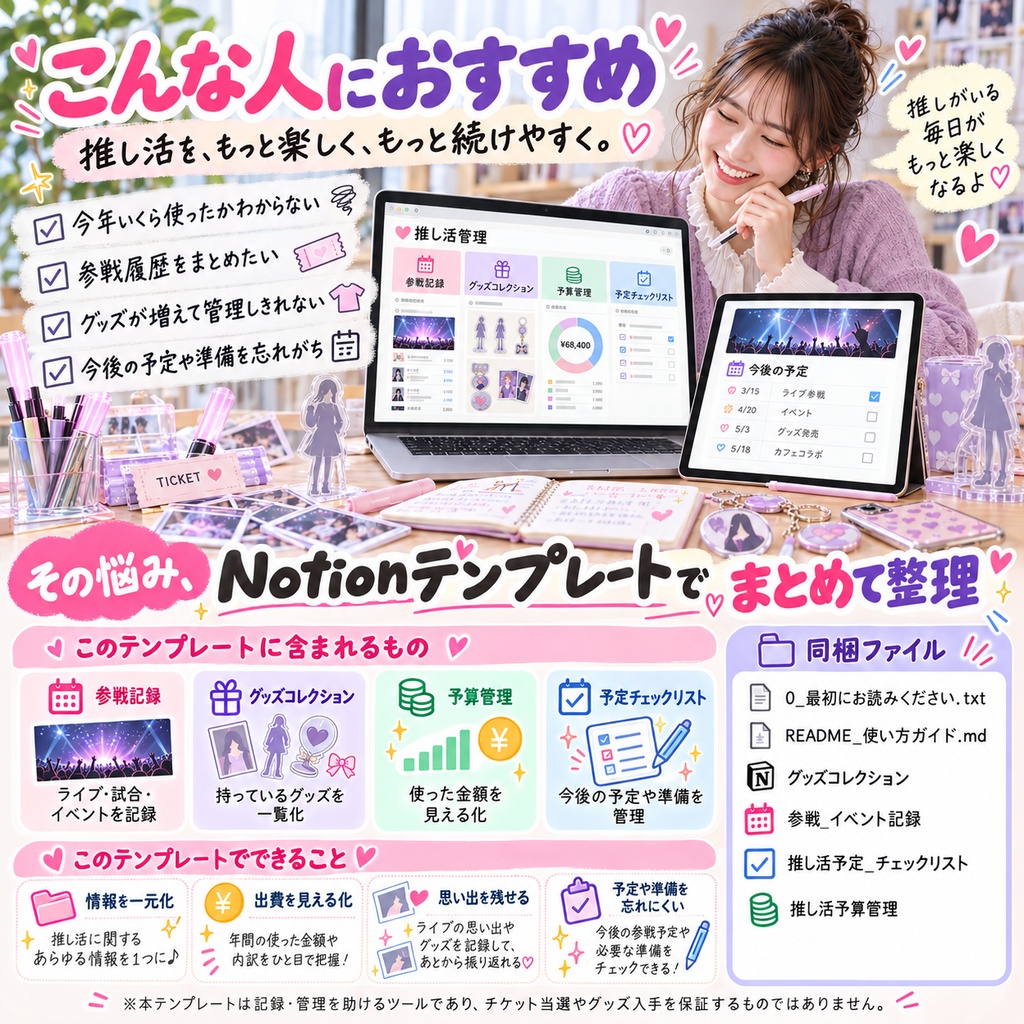 推し活管理 Notionテンプレート(参戦記録+グッズコレクション+予算管理+予定チェックリスト)